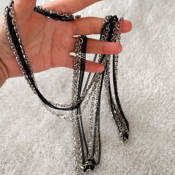 Women Multi String Necklace Black Silver Multilayer Long Chain Size 70' - Picture 4 of 7